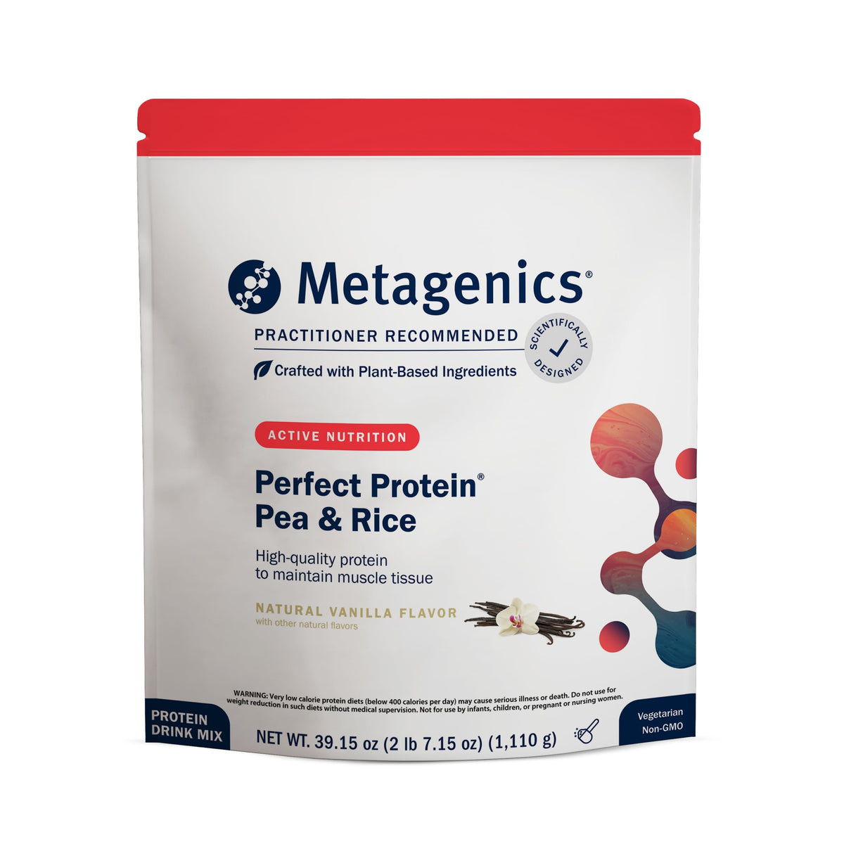 Metagenics Perfect Protein Vanilla bottle close-up highlighting plant-based protein support for active lifestyles