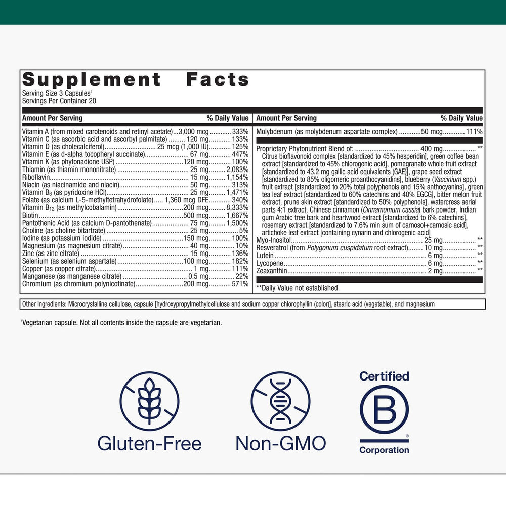 Metagenics PhytoMulti capsules close-up for convenient daily nutrition.