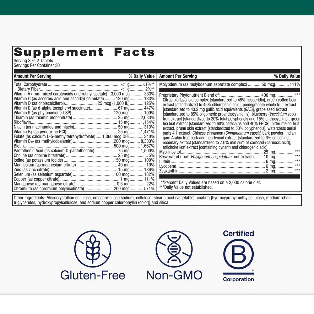 Metagenics PhytoMulti Without Iron label highlights 20+ nutrients and phytonutrients