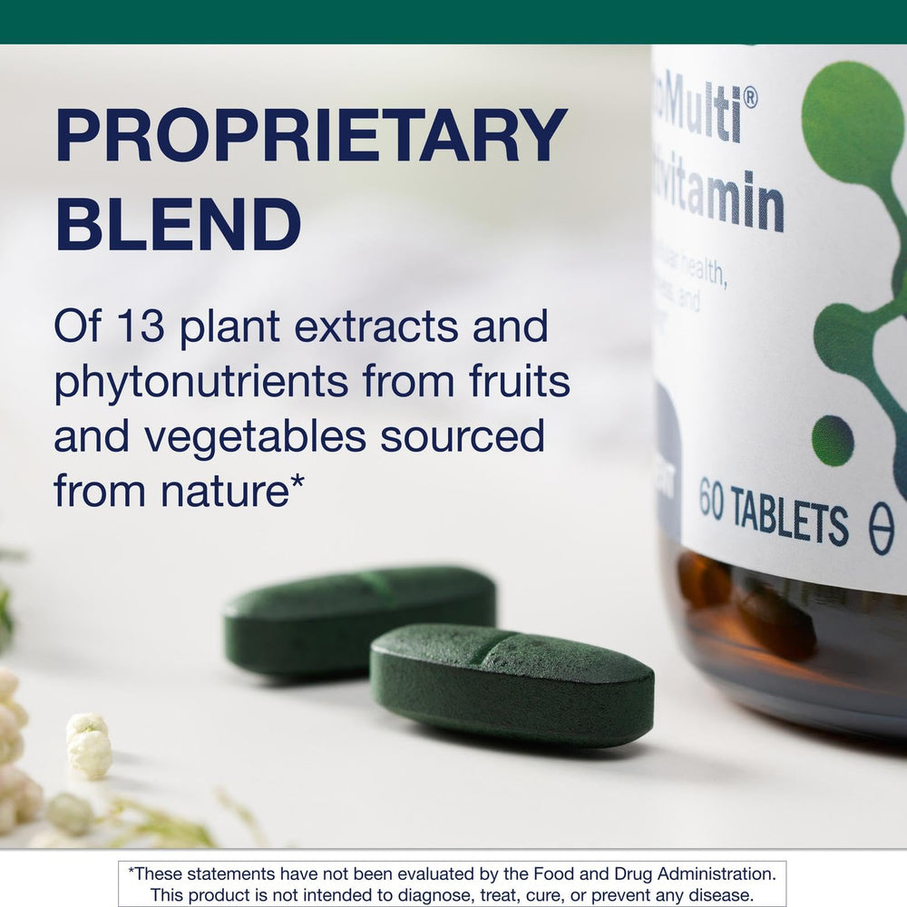 Metagenics PhytoMulti Without Iron packaging shows non GMO and gluten free icons
