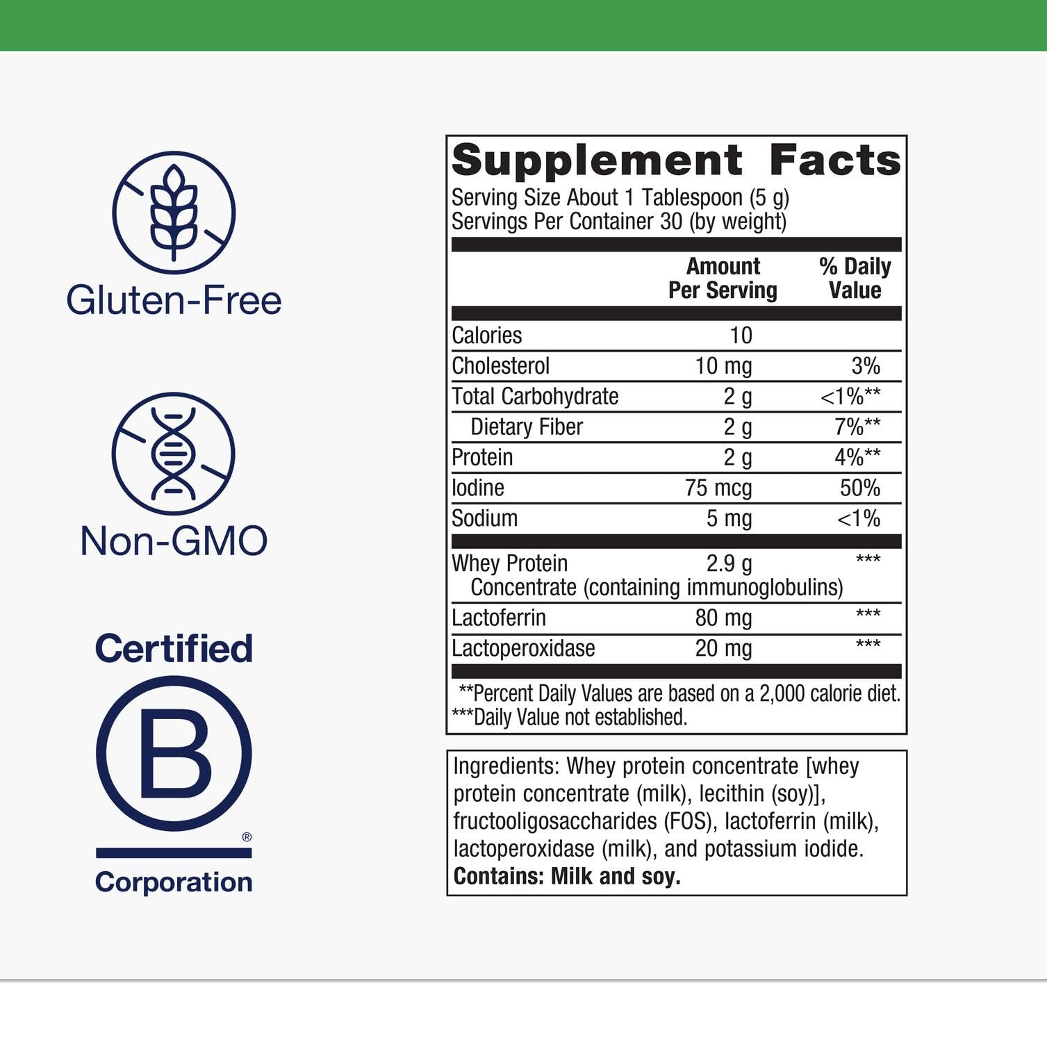 Close-up of Metagenics Probioplex Intensive Care tub label showing ingredients