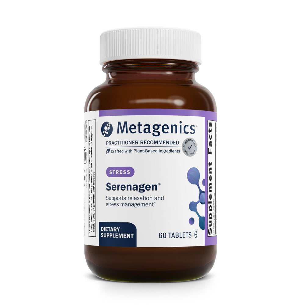 Metagenics Serenagen bottle with Asian ginseng blend promotes calm focus and stress support.