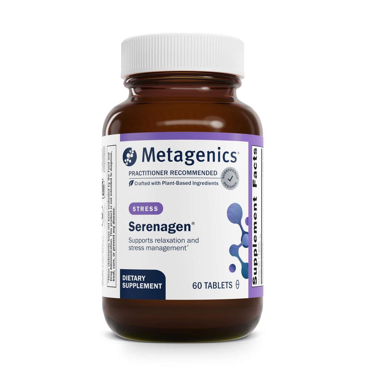 Metagenics Serenagen bottle with Asian ginseng blend promotes calm focus and stress support.