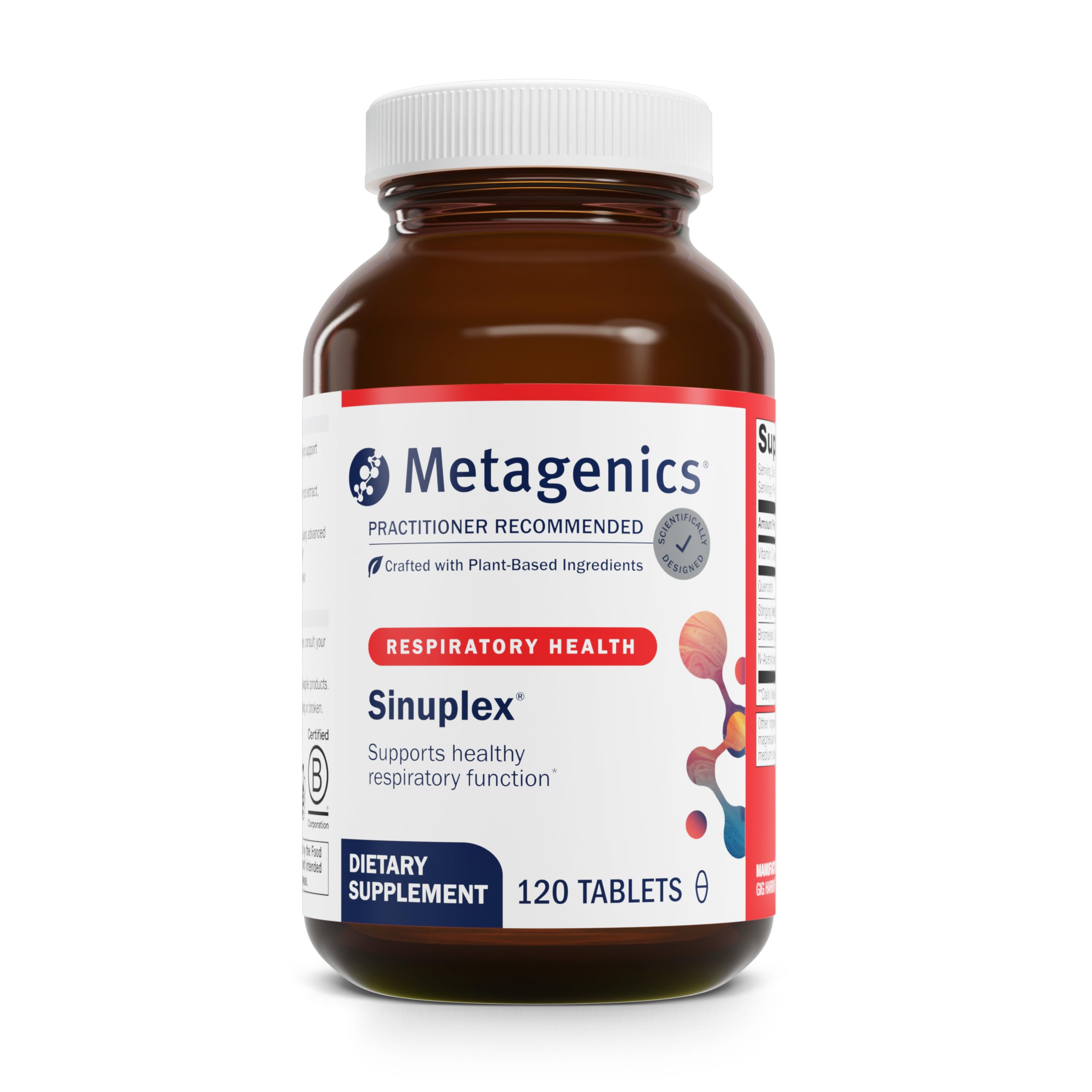Metagenics Sinuplex bottle signaling convenient daily nasal and respiratory support.