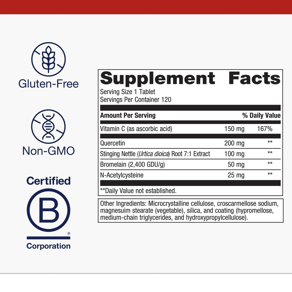 Metagenics Sinuplex label shows non-GMO and gluten-free ingredients.