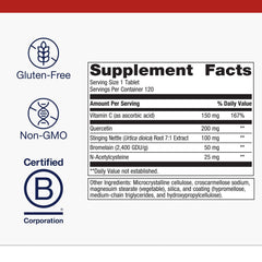 Metagenics Sinuplex label shows non-GMO and gluten-free ingredients.