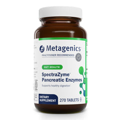 Metagenics SpectraZyme Pancreatic Enzymes bottle front view for digestion support.