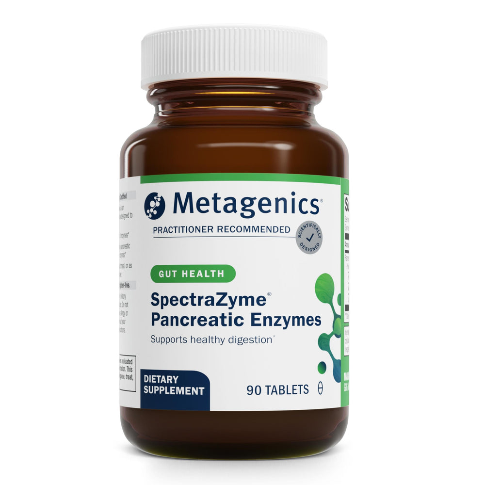 Metagenics SpectraZyme Pancreatic Enzymes bottle label supports protein digestion.