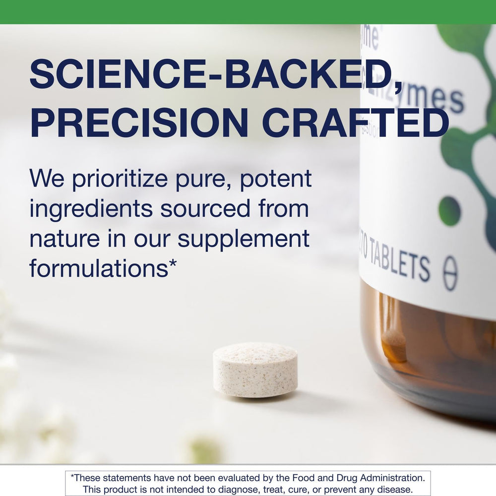 Metagenics SpectraZyme bottle on kitchen counter for daily digestion routine.