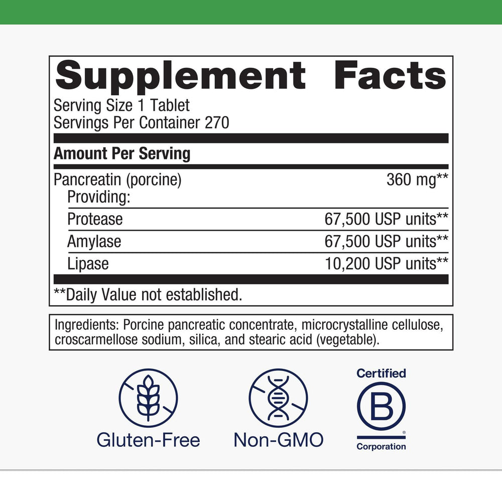 Close-up of Metagenics SpectraZyme label highlighting non-GMO and gluten-free ingredients.