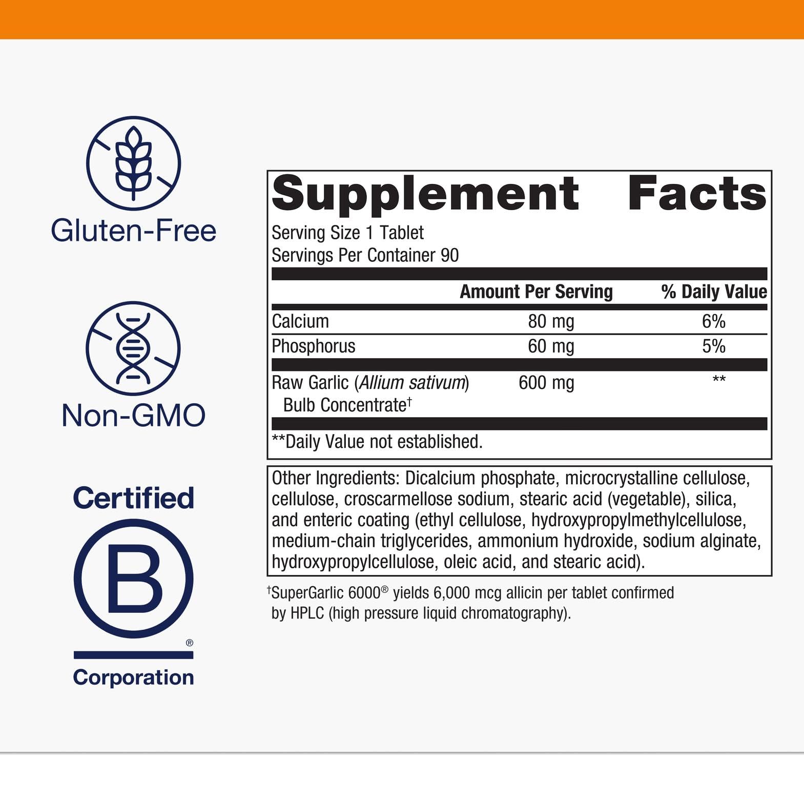 Metagenics SuperGarlic 6000 coated tablet close-up, gentle digestion with intestinal dissolution.
