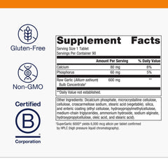 Metagenics SuperGarlic 6000 coated tablet close-up, gentle digestion with intestinal dissolution.