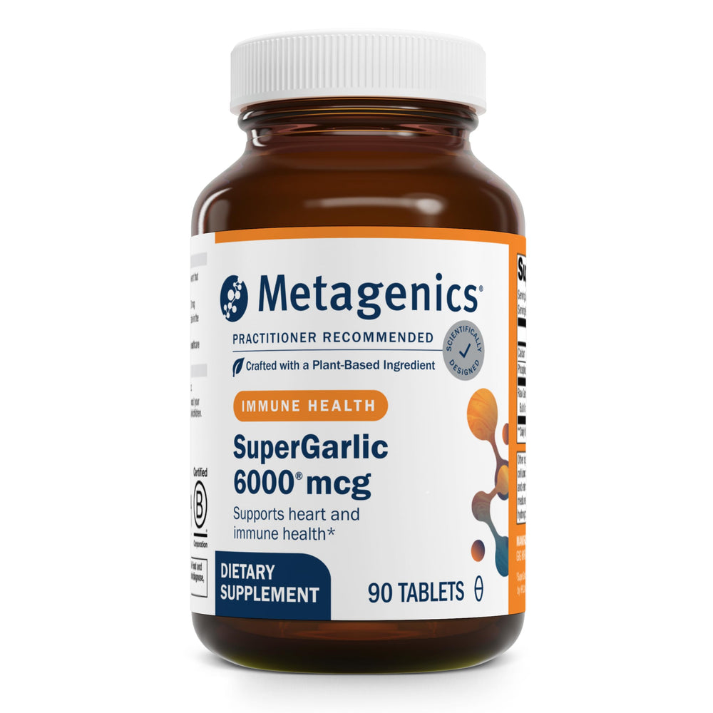 Metagenics SuperGarlic 6000 odorless bottle, easy daily support for heart health and immunity.