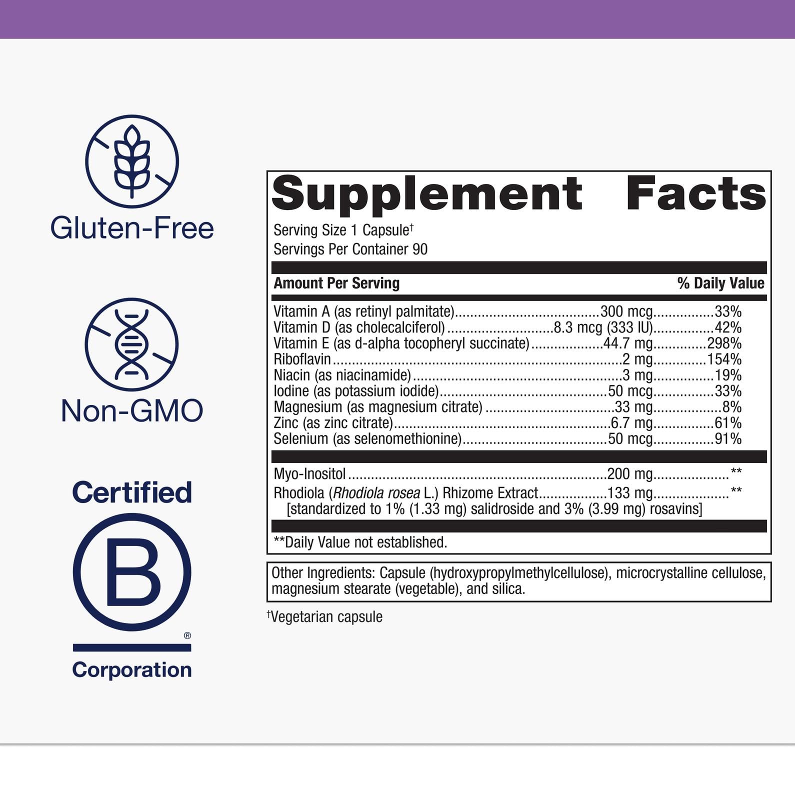 Metagenics Thyrosol bottle label close-up, zinc and selenium details for thyroid health.