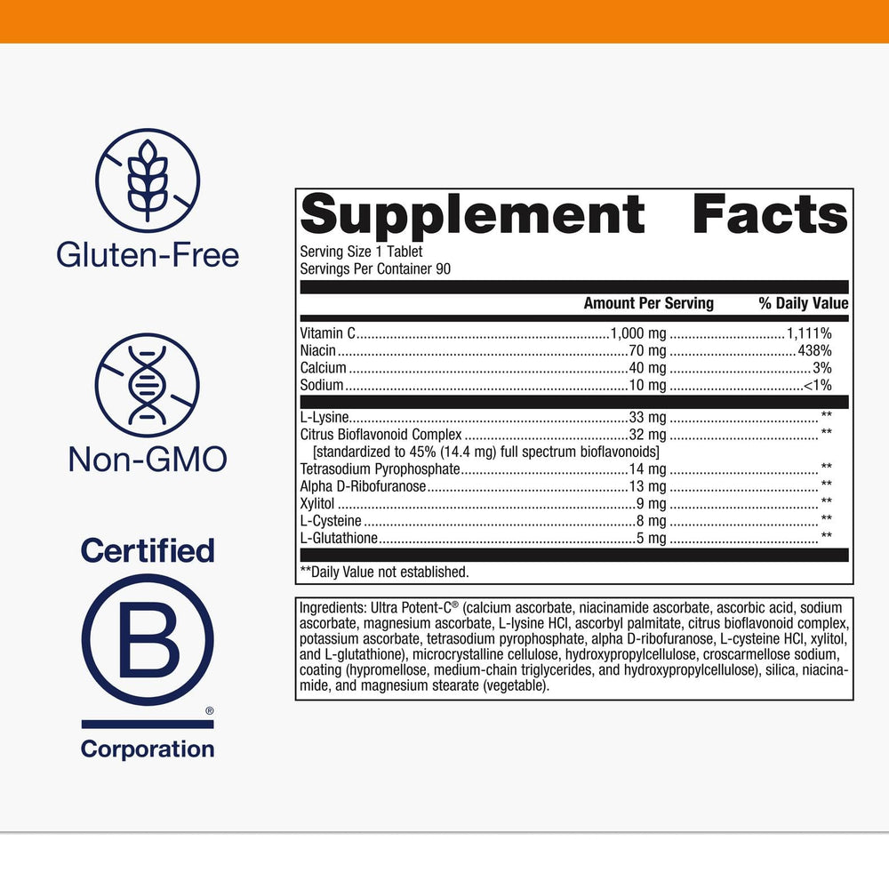 Metagenics Ultra Potent-C 1000 bottle back label showing ingredients and quality.