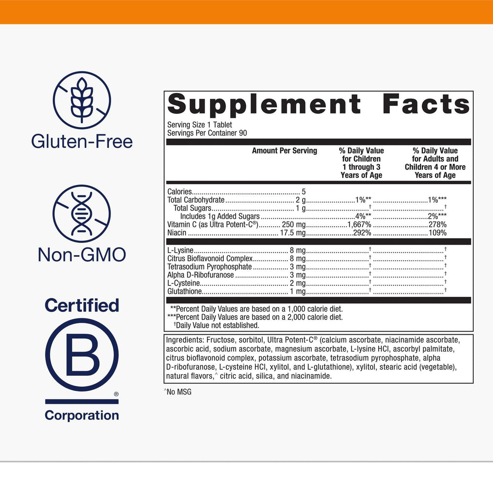 Metagenics Ultra Potent-C tablets on white surface for easy daily immune support.