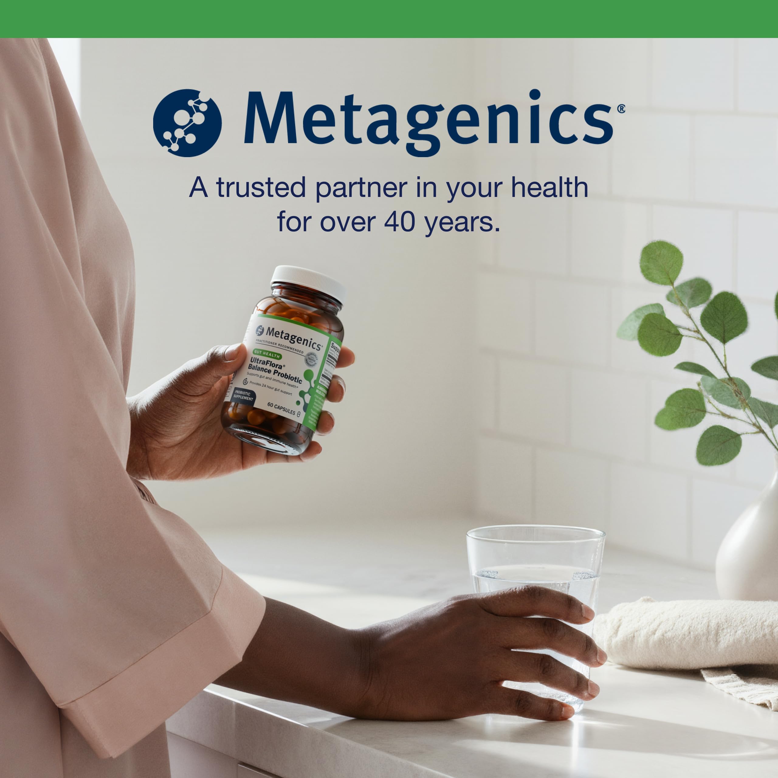 Metagenics UltraFlora Balance 60 capsules packaging close-up.