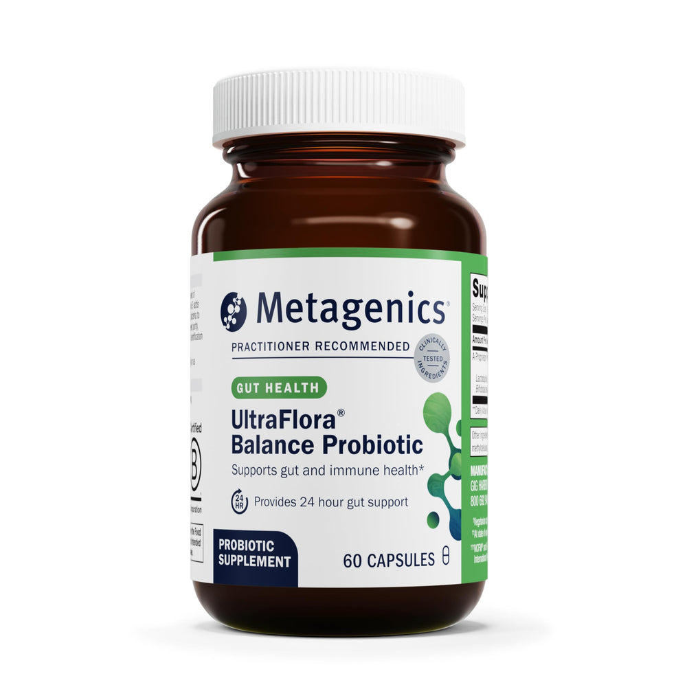 Metagenics UltraFlora Balance bottle front with shelf-stable daily probiotic support.