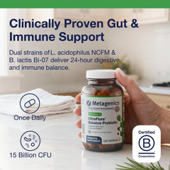 Metagenics UltraFlora Balance capsules close-up for convenient daily probiotic support.