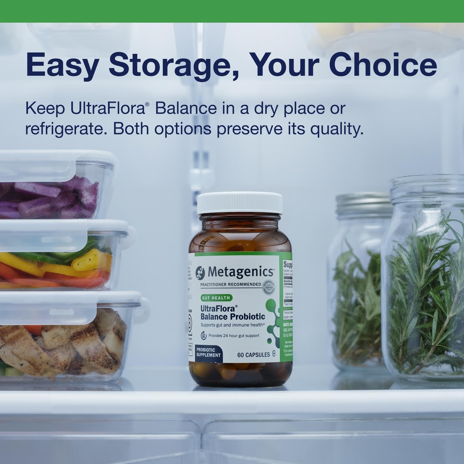 Metagenics UltraFlora Balance shelf-stable probiotic ready for travel and daily use.
