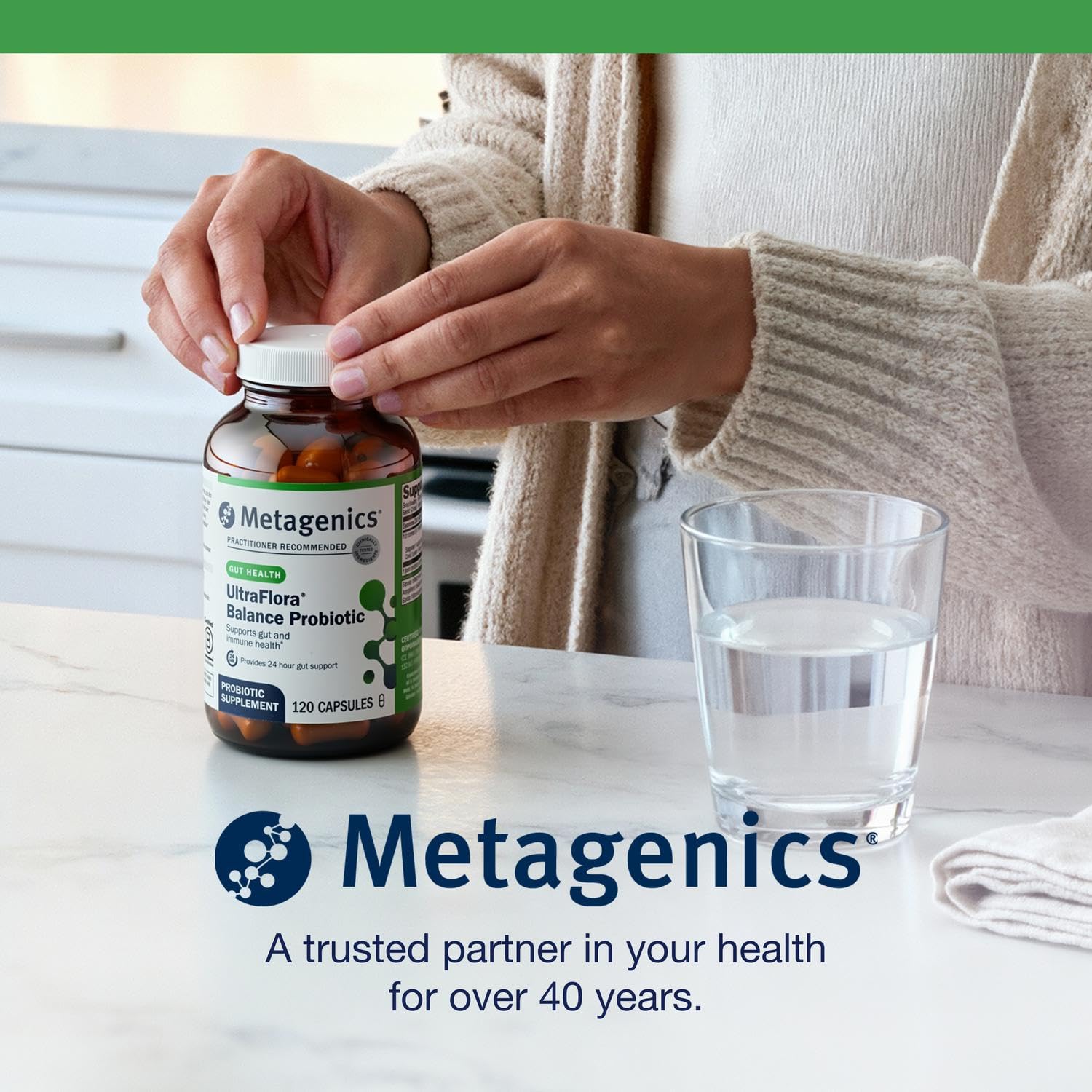 Metagenics UltraFlora Balance bottle illustrating immune support and gut health potential.