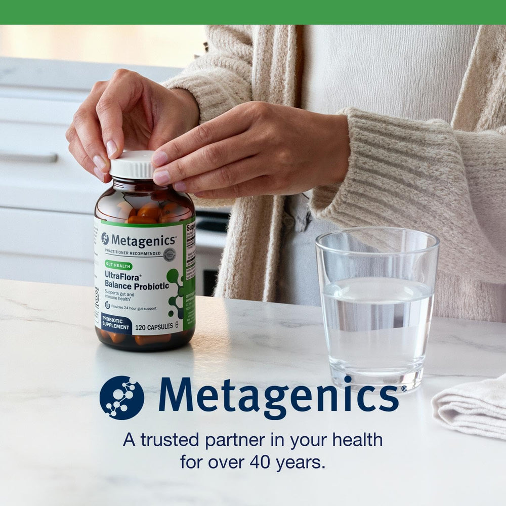 Metagenics UltraFlora Balance bottle illustrating immune support and gut health potential.