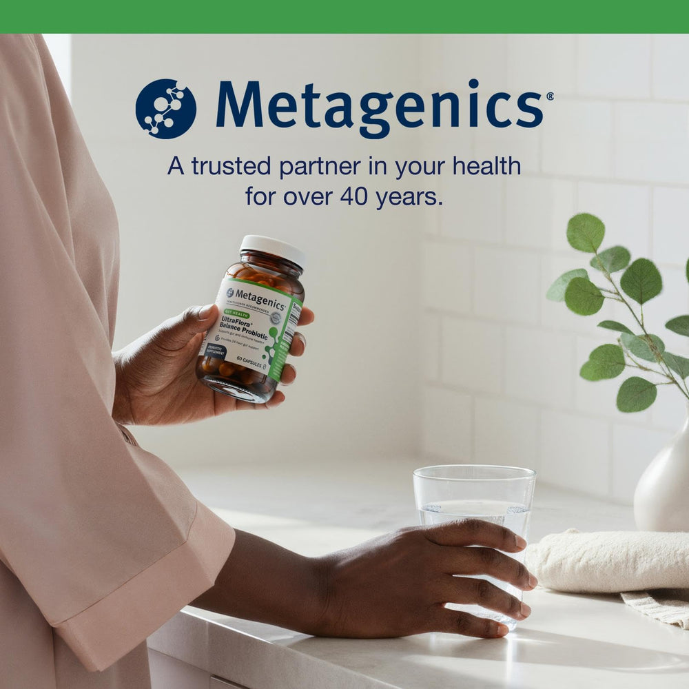 Metagenics UltraFlora Balance bottle with testing seal emphasizing purity.