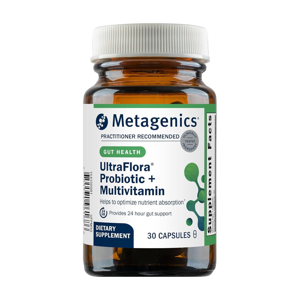Metagenics UltraFlora bottle label closeup highlighting daily gut balance support.