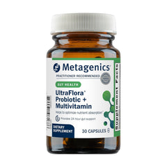 Metagenics UltraFlora bottle label closeup highlighting daily gut balance support.