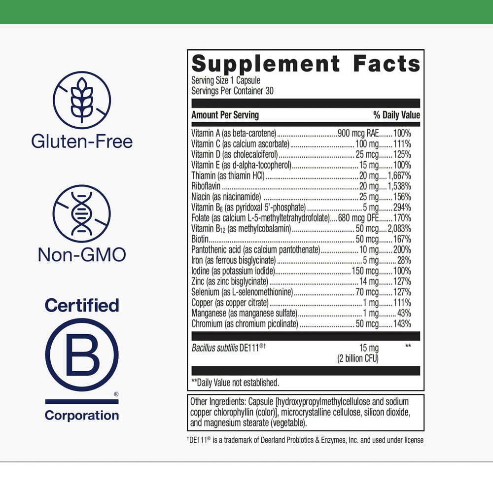 Metagenics UltraFlora probiotic capsule closeup emphasizing daily digestive comfort and balance.