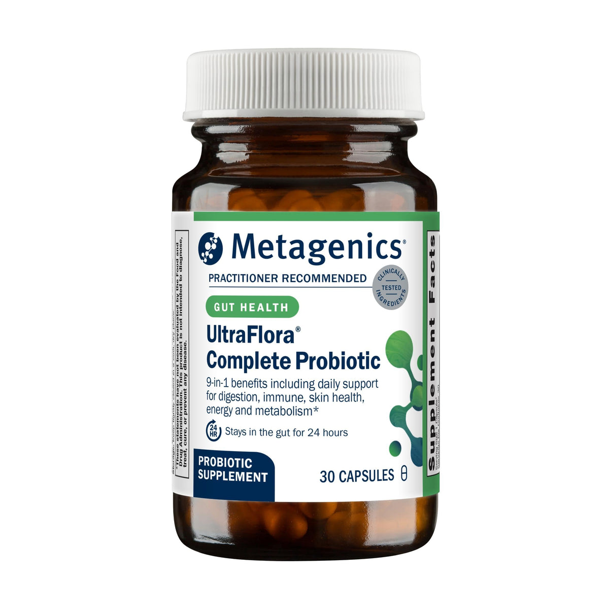 Metagenics UltraFlora Complete bottle front view showing probiotic balance support.