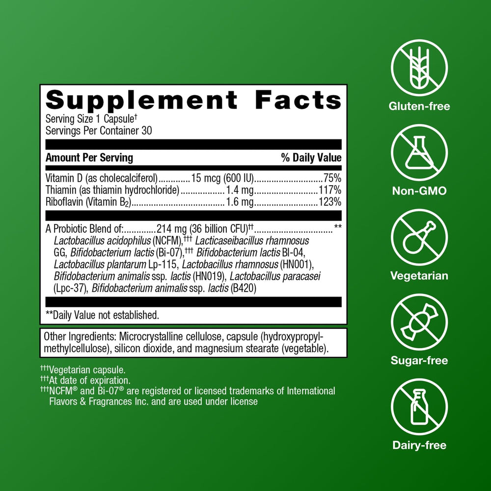 Metagenics UltraFlora Complete label closeup highlighting multistrain probiotic for immune support.