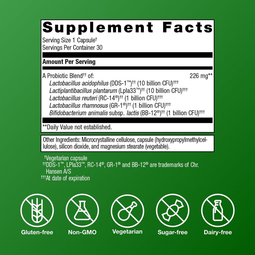 Metagenics UltraFlora Complete Women's Probiotic bottle label closeup highlighting five strains.