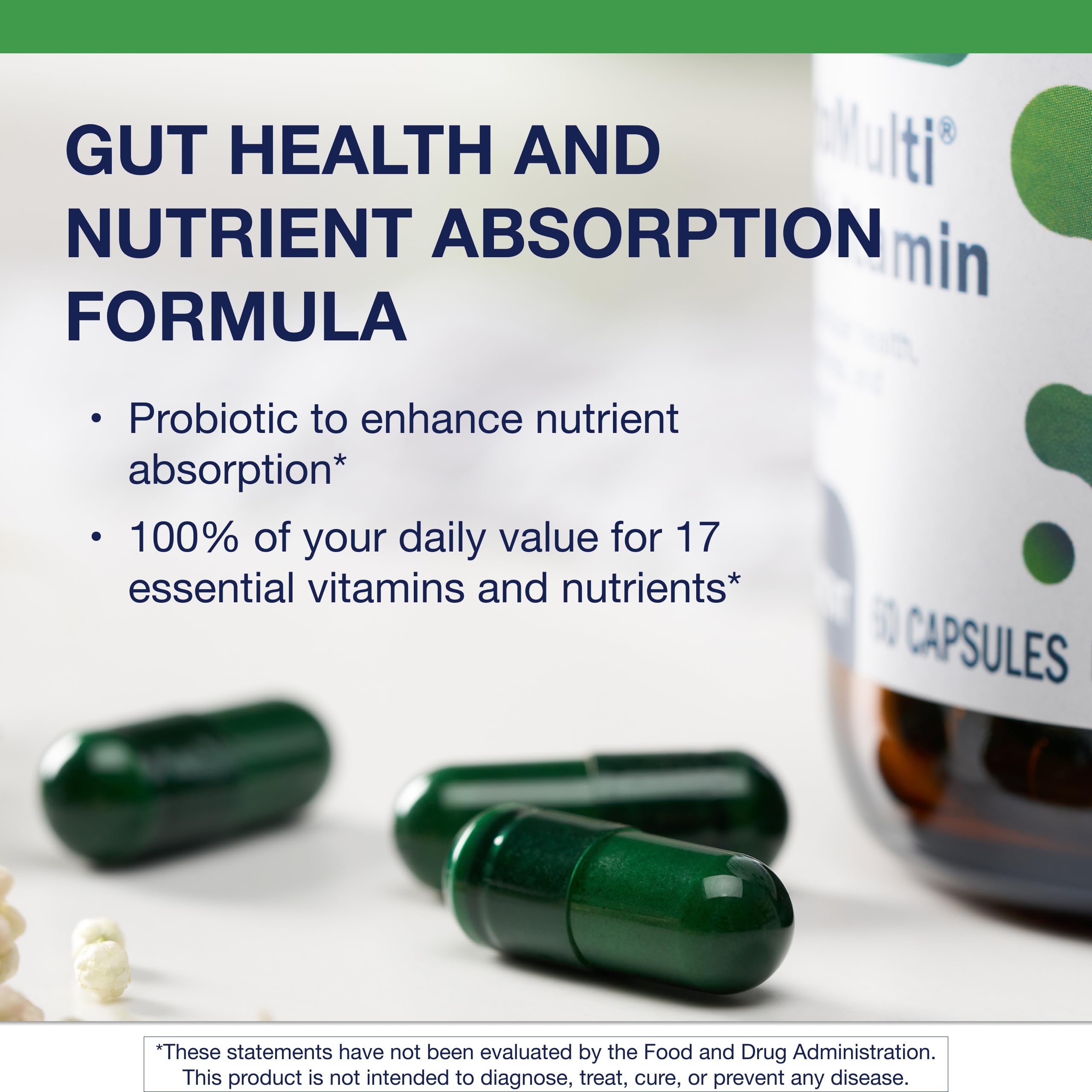Metagenics UltraFlora nutrition panel showing 17 essential nutrients for daily wellness.