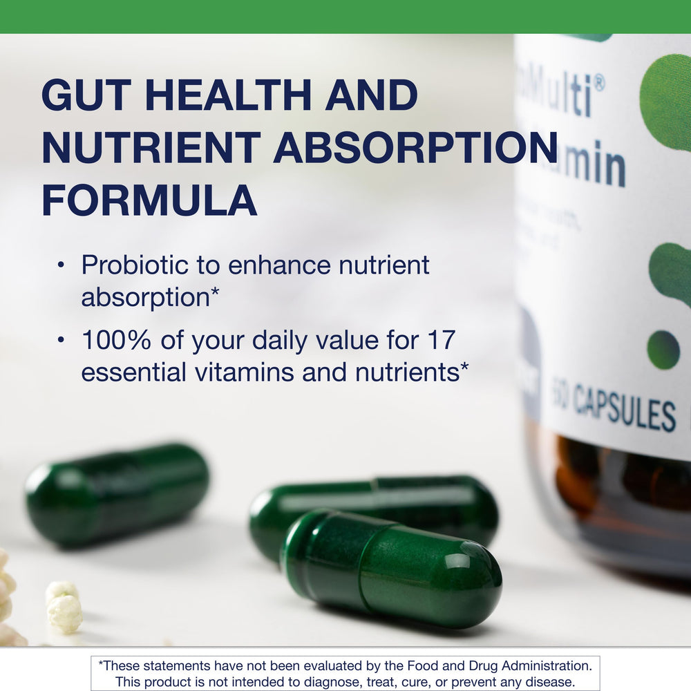 Metagenics UltraFlora nutrition panel showing 17 essential nutrients for daily wellness.