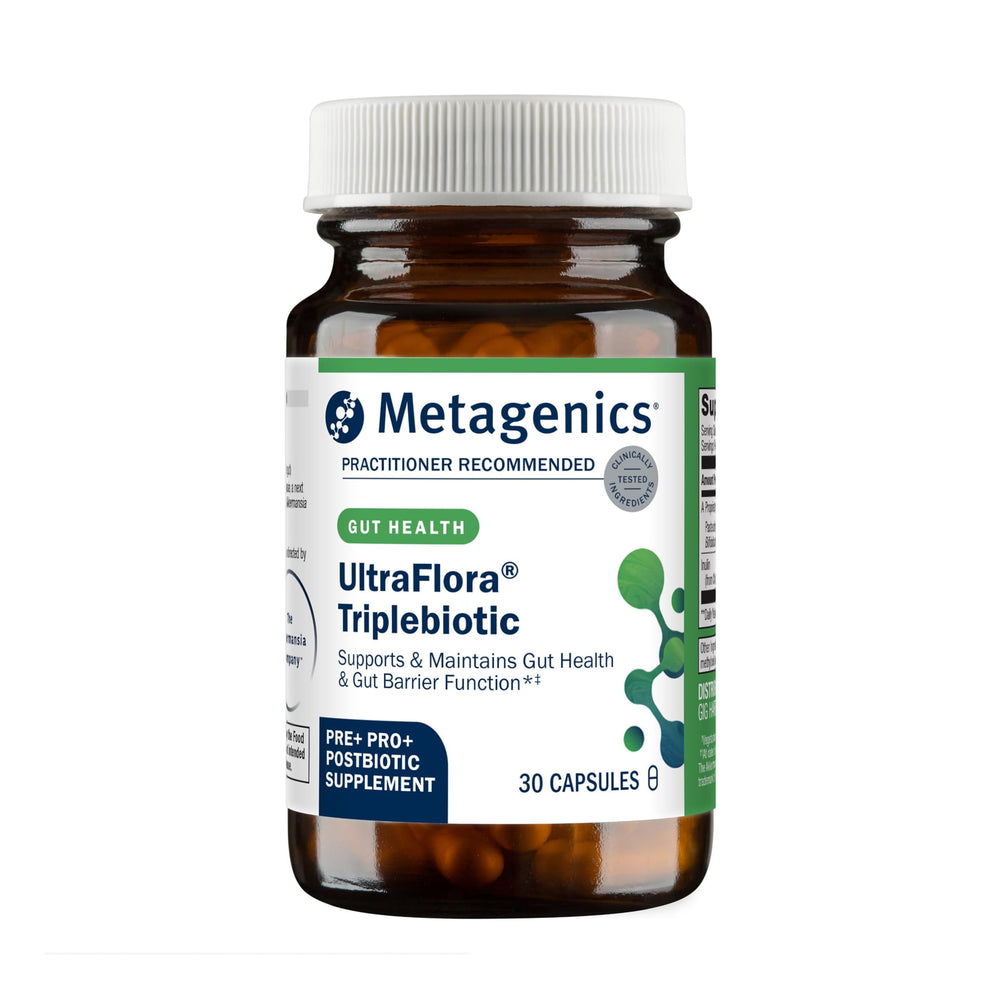 Metagenics UltraFlora Triplebiotic bottle front showing shelf-stable gut balance benefits