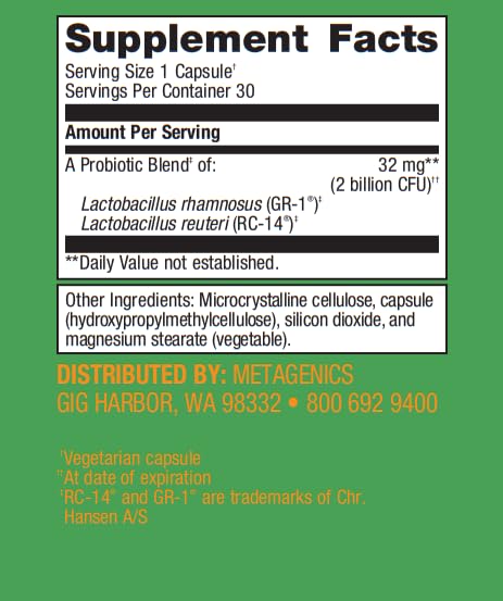 Metagenics UltraFlora Women's label closeup shows GR-1 and RC-14 strains for balance.