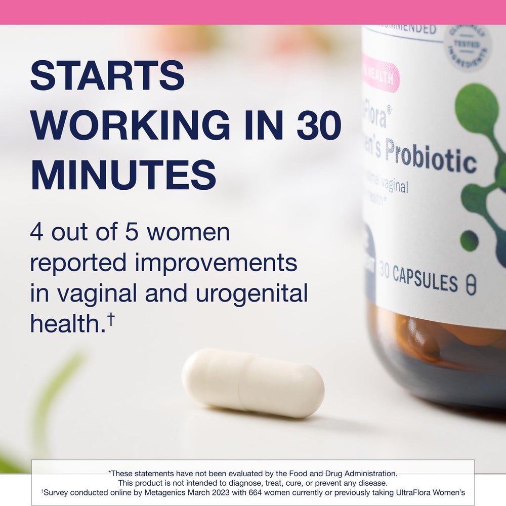 Metagenics UltraFlora Women's packaging box highlights non-GMO, dairy-free, gluten-free, and vegetarian formulation.