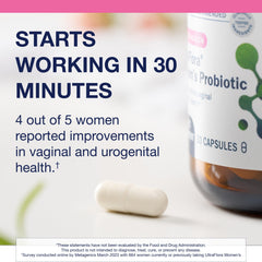 Metagenics UltraFlora Women's packaging box highlights non-GMO, dairy-free, gluten-free, and vegetarian formulation.