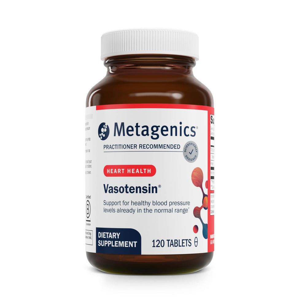 Metagenics Vasotensin bottle front with label for daily blood pressure support.