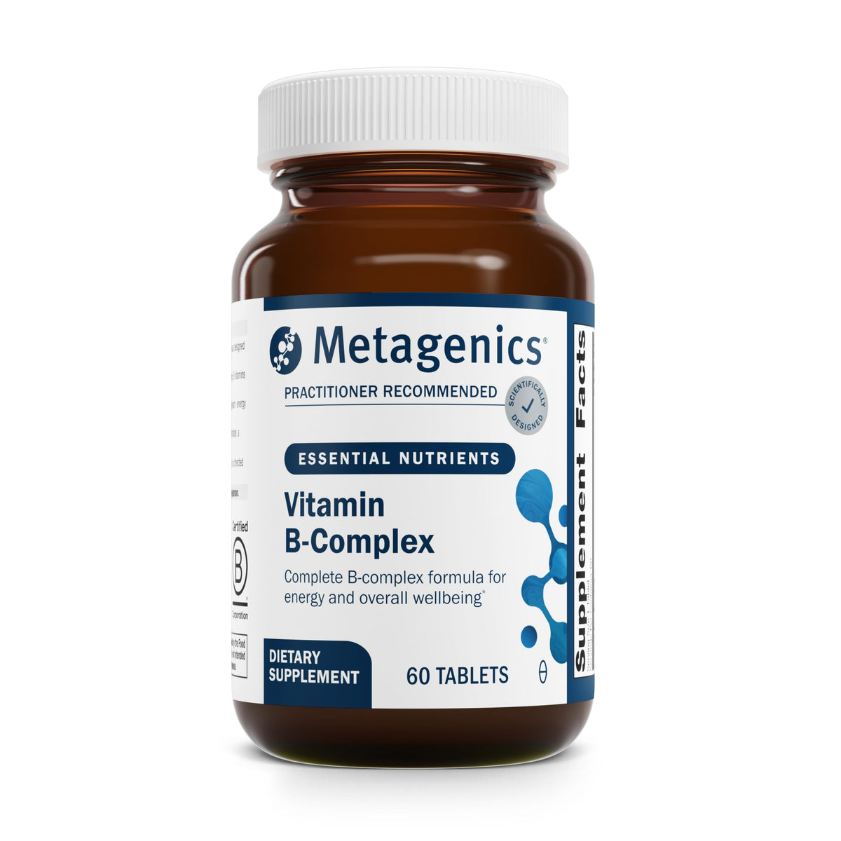 Metagenics Vitamin B-Complex tablets showing active B6 and B12 for energy support.