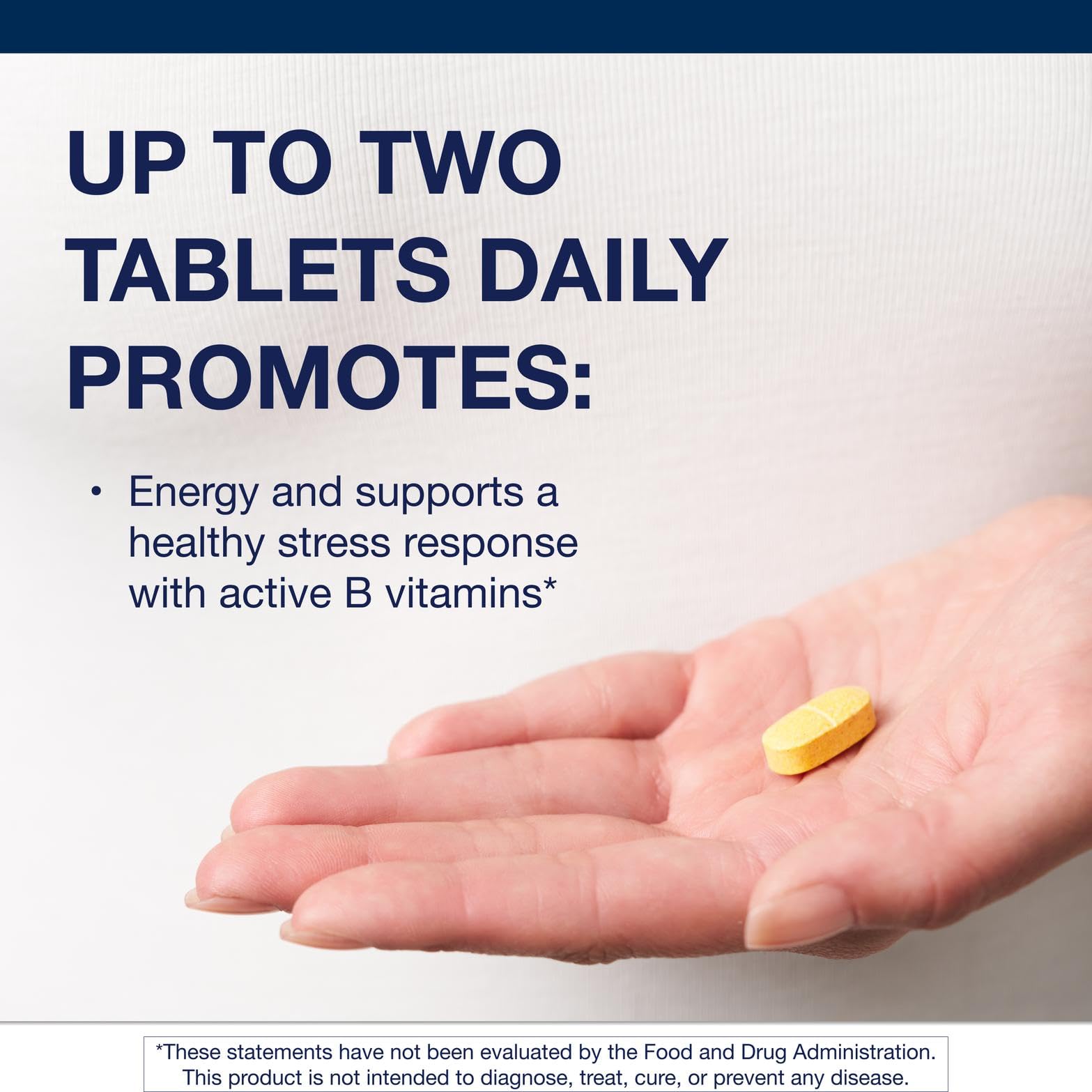 Metagenics Vitamin B-Complex tablets close-up highlighting nervous system support.