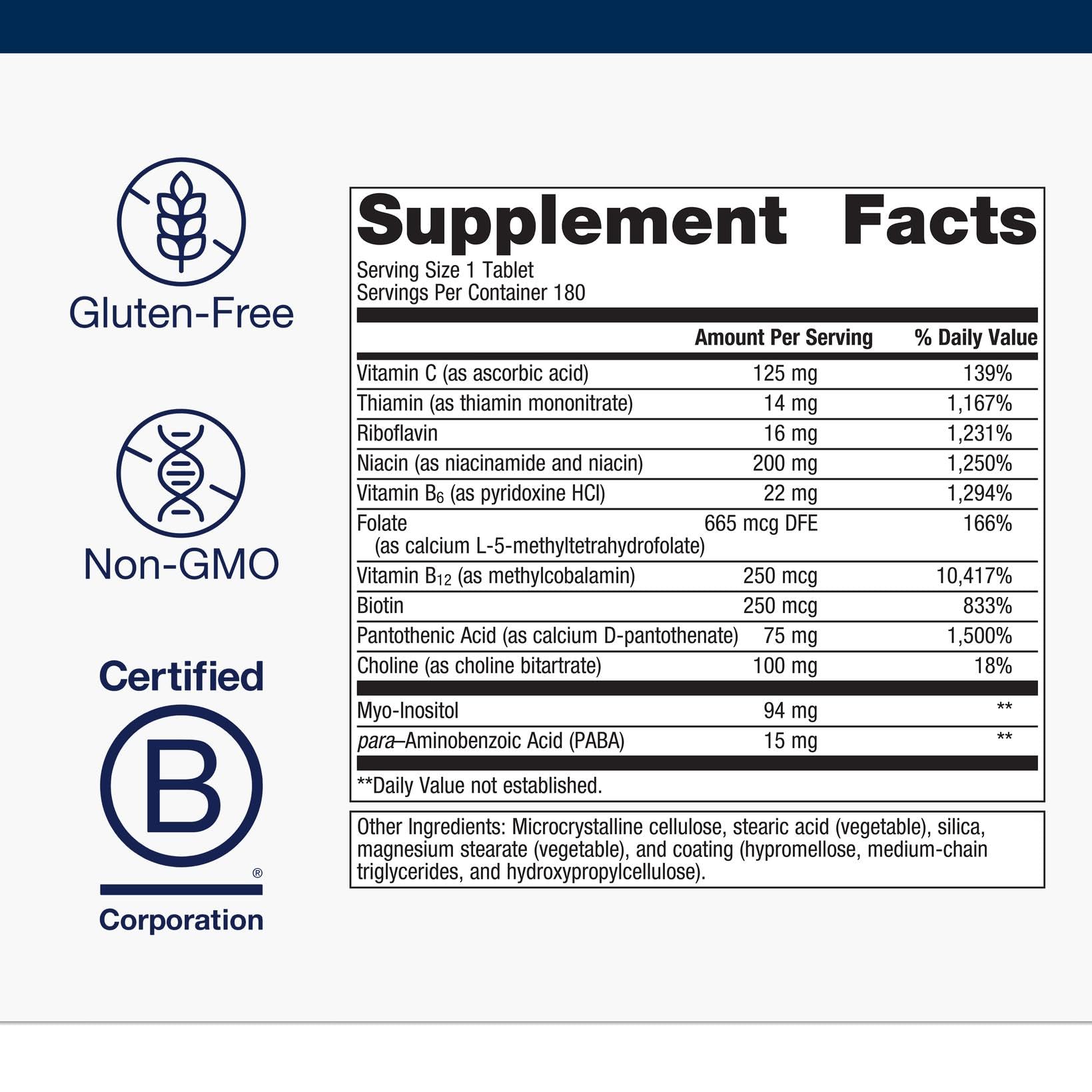 Metagenics Vitamin B-Complex tablets closeup shows active B6, B12, and folate support.