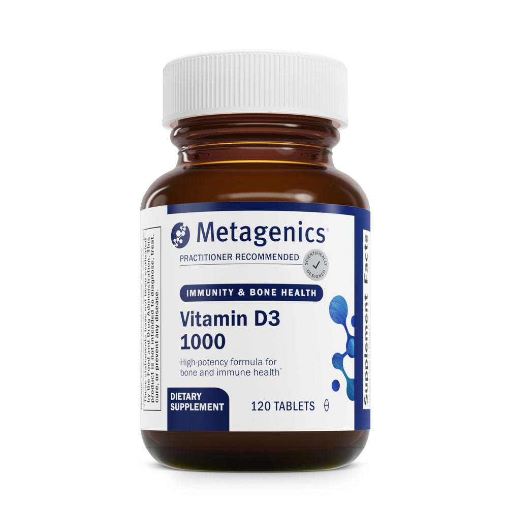 Metagenics Vitamin D3 1000 IU bottle on a clean desk, ready for daily use.