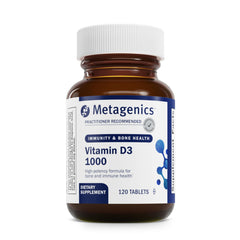 Metagenics Vitamin D3 1000 IU bottle on a clean desk, ready for daily use.