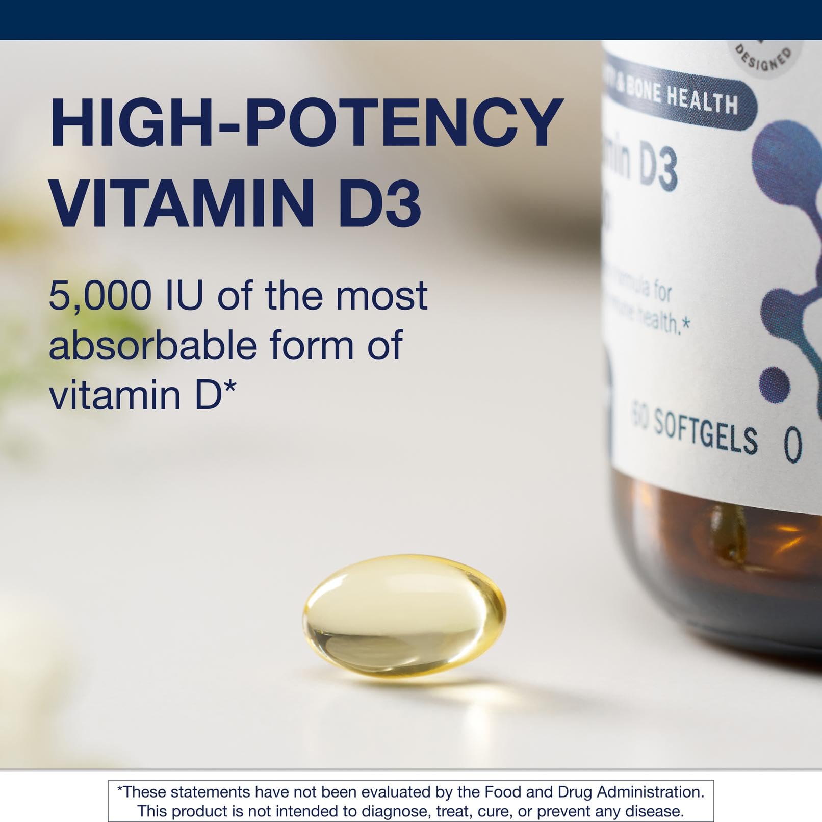 Metagenics Vitamin D3 5000 IU promoting bone health with daily intake.