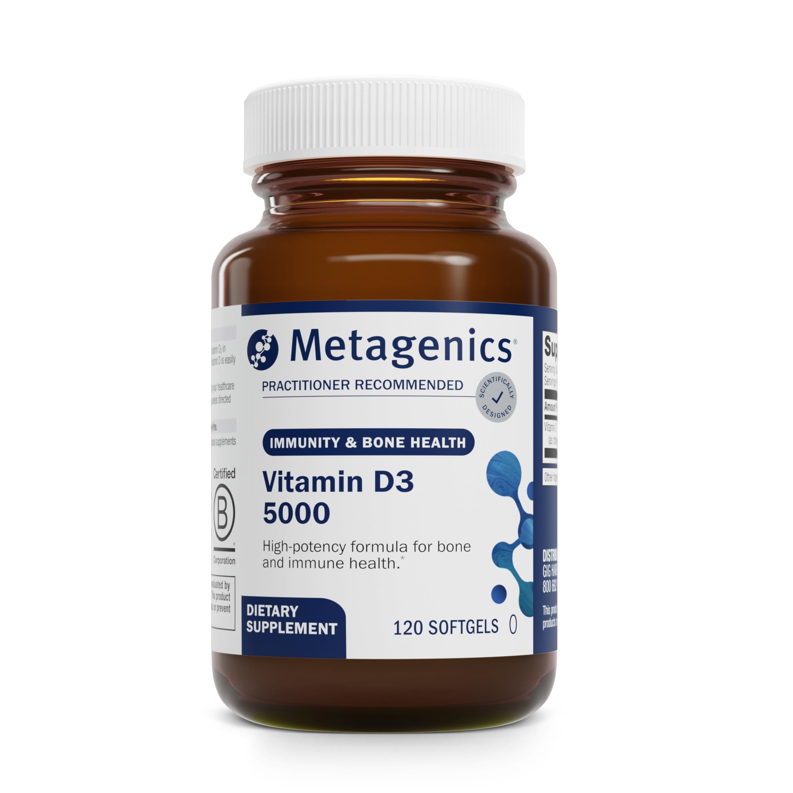 Metagenics Vitamin D3 5000 IU softgels in bottle for daily immune support.