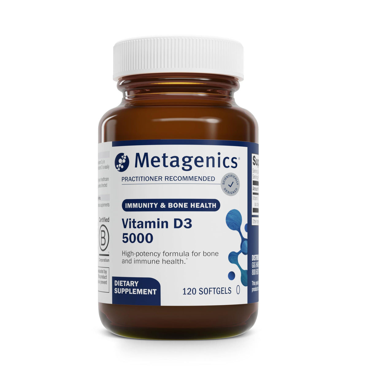 Metagenics Vitamin D3 5000 IU softgels in bottle for daily immune support.