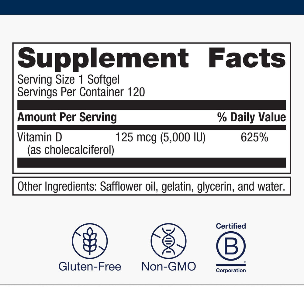 Metagenics Vitamin D3 softgels with coconut oil for enhanced absorption.