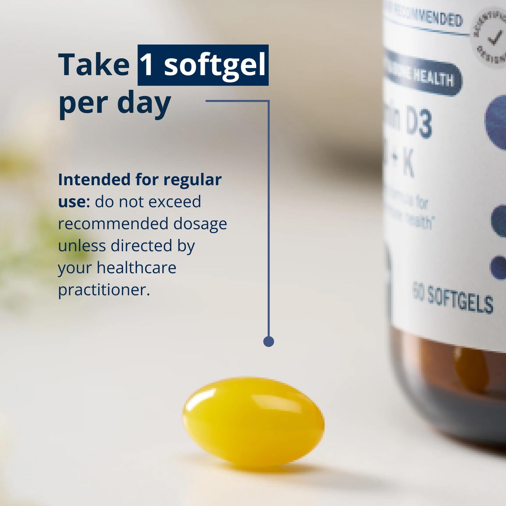 Metagenics D3 + K bottle on shelf suggests daily use.